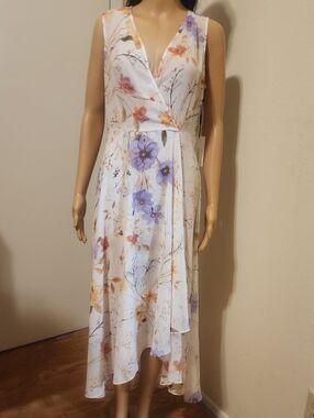 Calvin Klein White Floral Sleeveless High-Low Wrap Dress